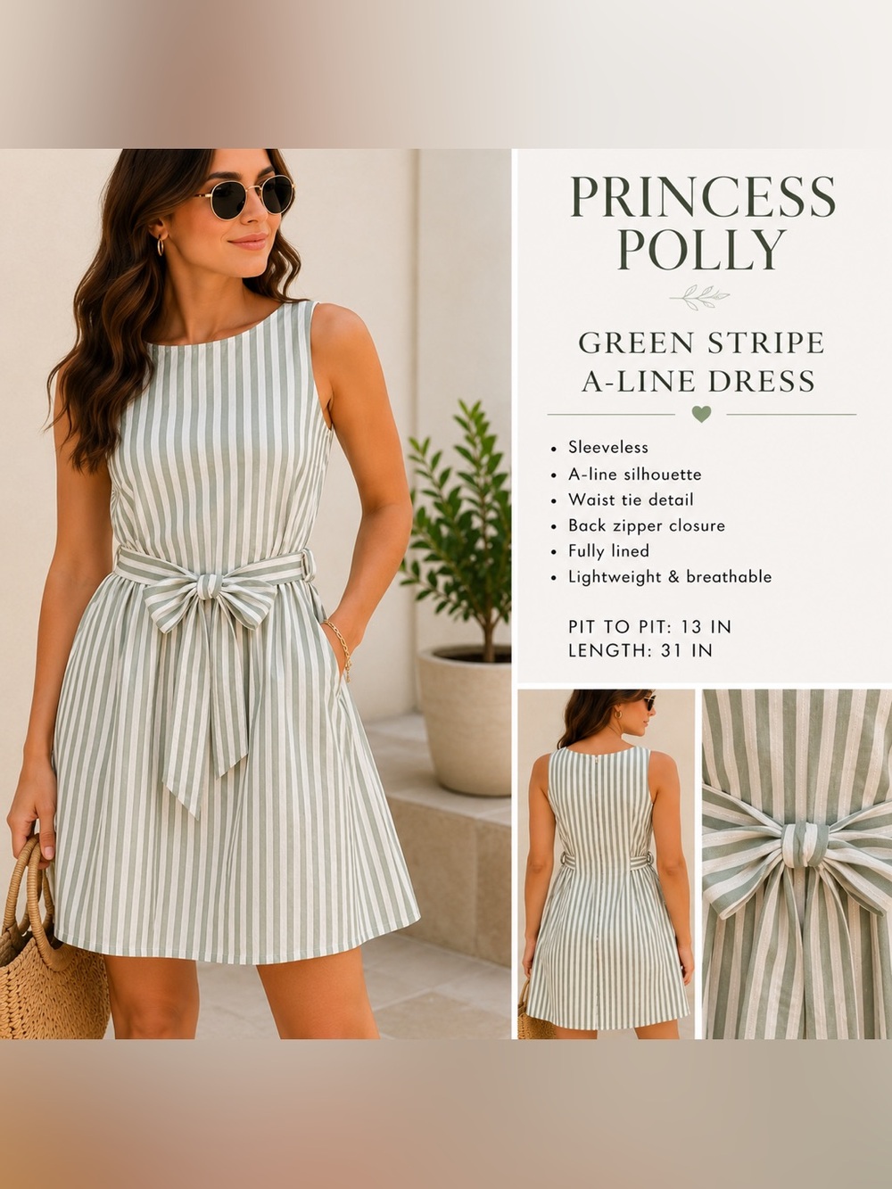 ✨ Princess Polly Green Stripe Linen Blend Mini Dress | NWT | Size US 0 ✨